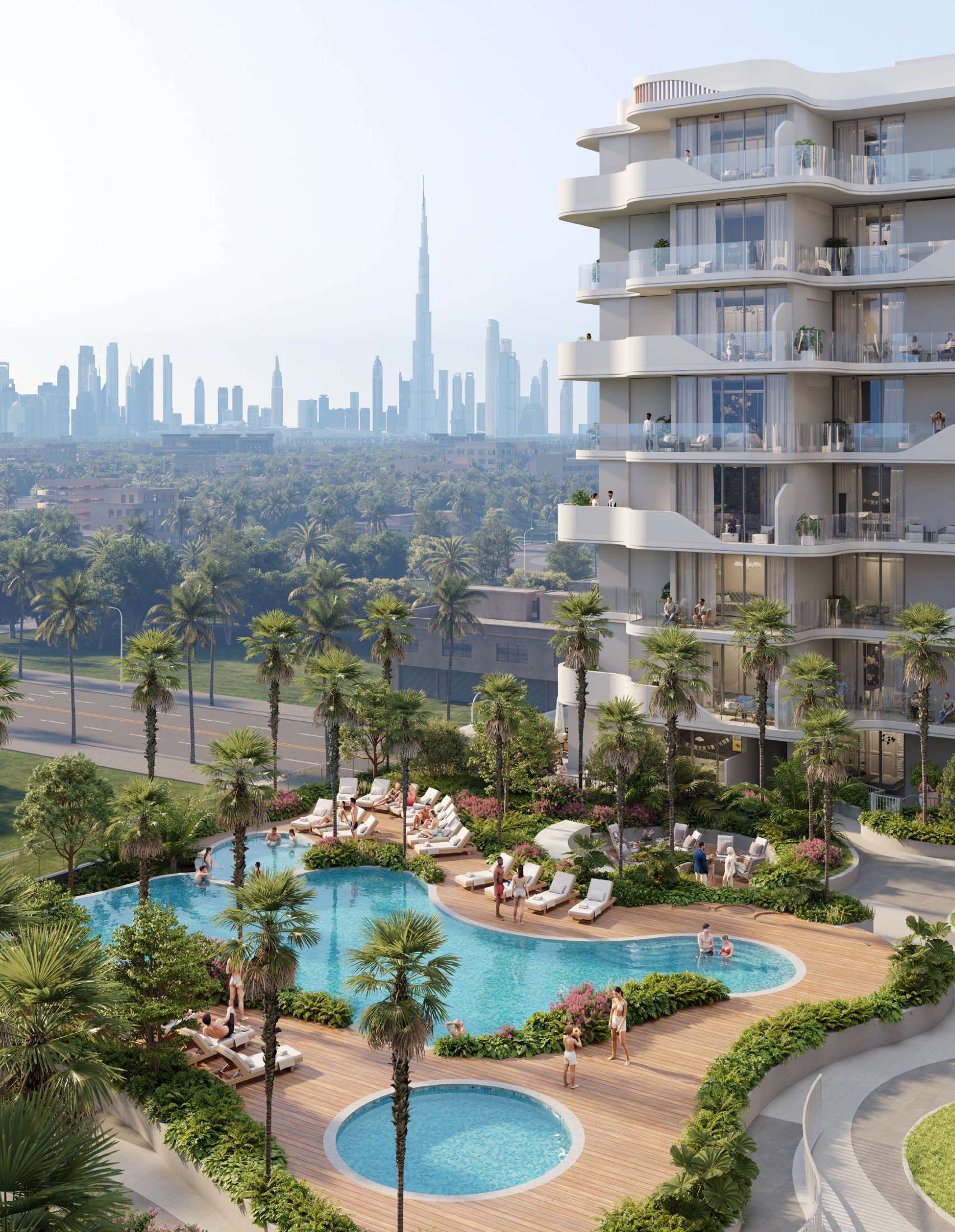 HOLM Central — Podium pool and Burj Khalifa skyline